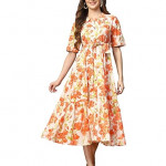 Stylum Women's Floral Printed Cotton Flared Dress orange