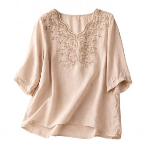 Womens Elegant Beige Floral Embroidered Tunic Top with Scalloped V Neck beige