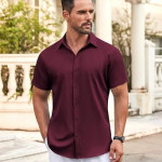 Men's Button Down Shirt Short Sleeve Dress Shirt Casual Beach Summer Wedding Shirt , Ligh