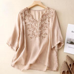 Womens Elegant Beige Floral Embroidered Tunic Top with Scalloped V Neck beige