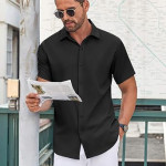 Men's Button Down Shirt Short Sleeve Dress Shirt Casual Beach Summer Wedding Shirt , black