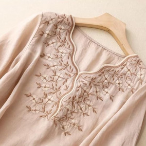 Womens Elegant Beige Floral Embroidered Tunic Top with Scalloped V Neck beige